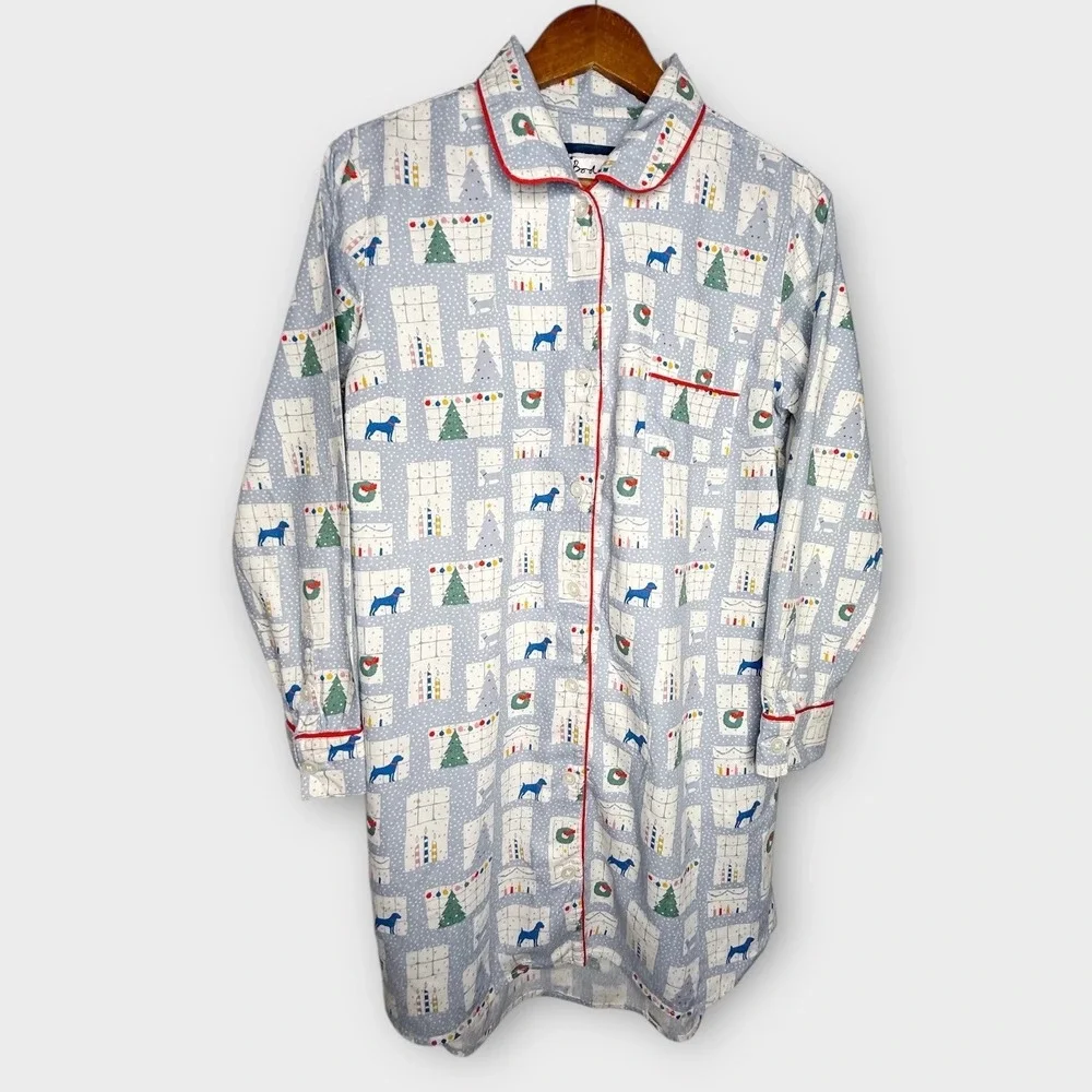 Boden Christmas Trees Dogs Cats Holiday Cotton Pajamas Night Shirt Gown‎ Small